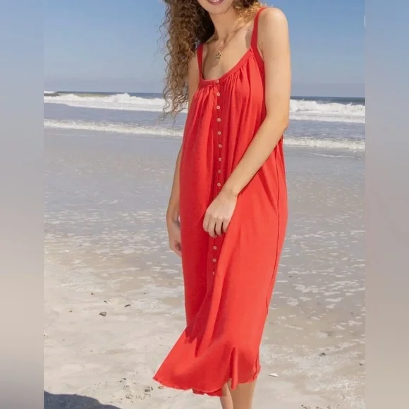 Natural Life Relaxed Button Down Midi Dress - red - Picture 1 of 5